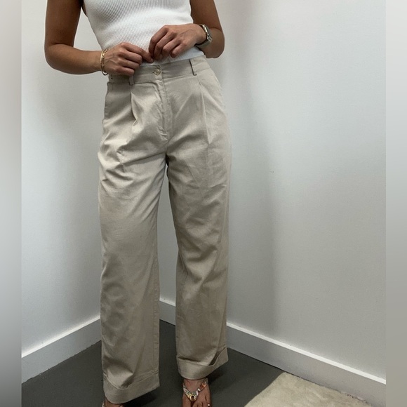 Vintage 90’s Beige Linen Cotton Pleated Straight Leg High Rise Pants Size S - Picture 1 of 7